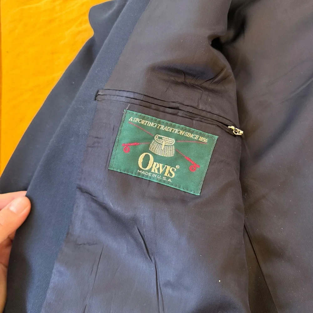 Orvis Mens Navy Blue 3 Button Blazer Gold Crest Buttons Made in USA 46L